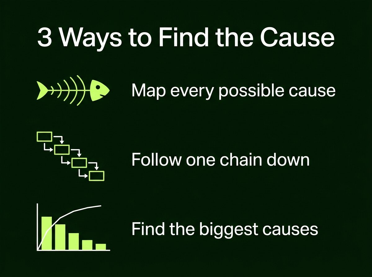 3 Ways to Find the Cause: Fishbone vs 5 Whys vs Pareto Chart